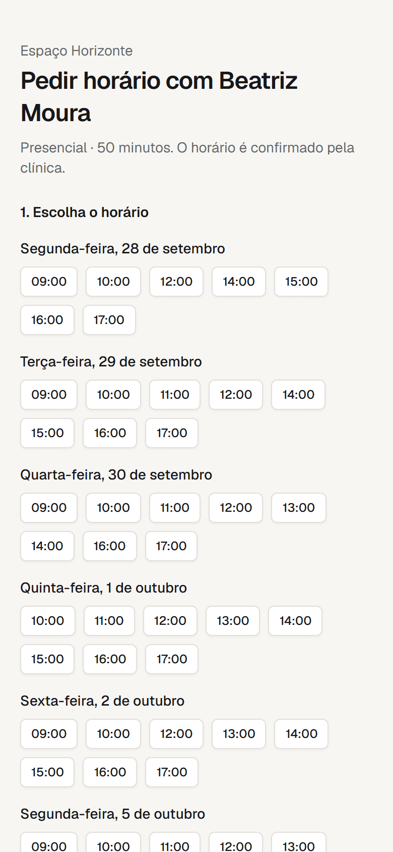 Página pública de agendamento no celular, com horários livres